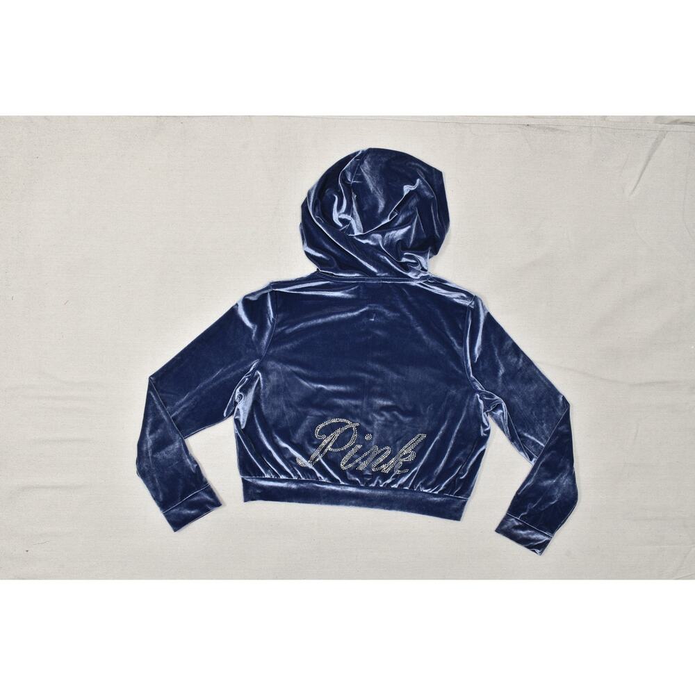 NEW Victoria's Secret PINK Velour Cropped Zip Up Hoodie Navy Blue Rhinestone L - Picture 4 of 8